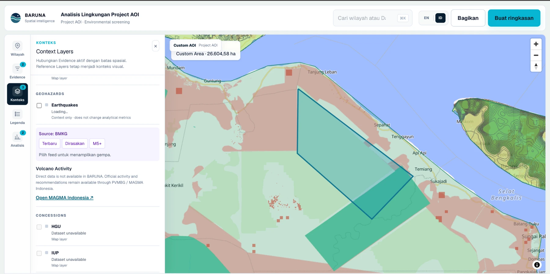 BARUNA Explorer showing a project-area environmental screening workflow
